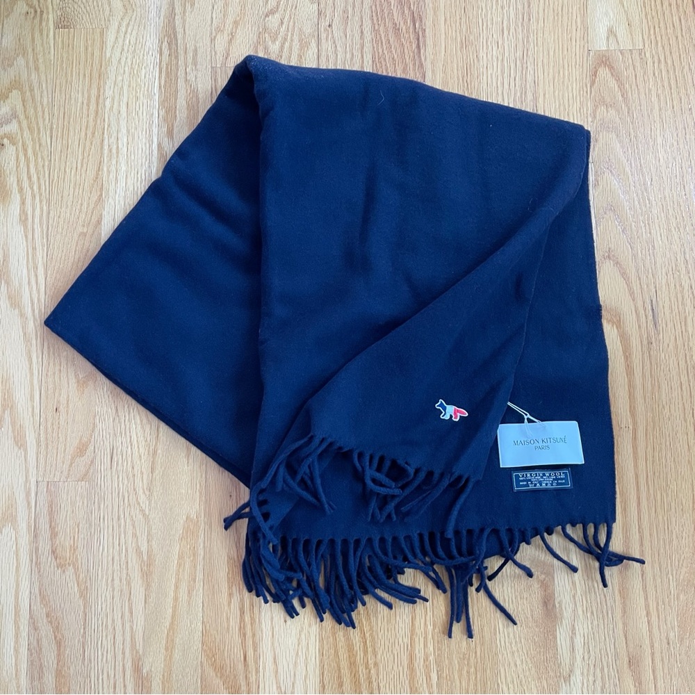 NEW Maison Kitsune Tricolor Fox Patch Wool Scarf (Navy)